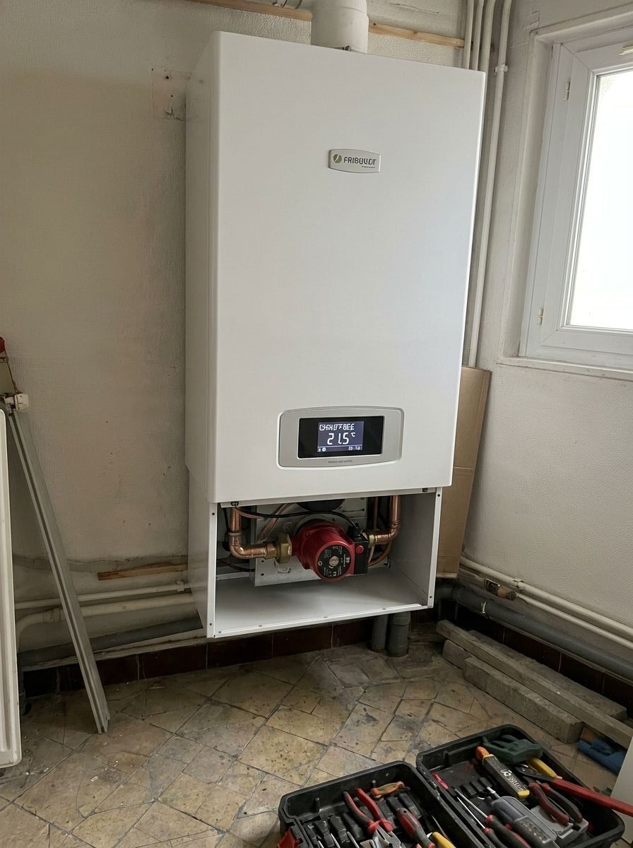 Après : chaudière Frisquet avec circulateur neuf rouge et écran allumé