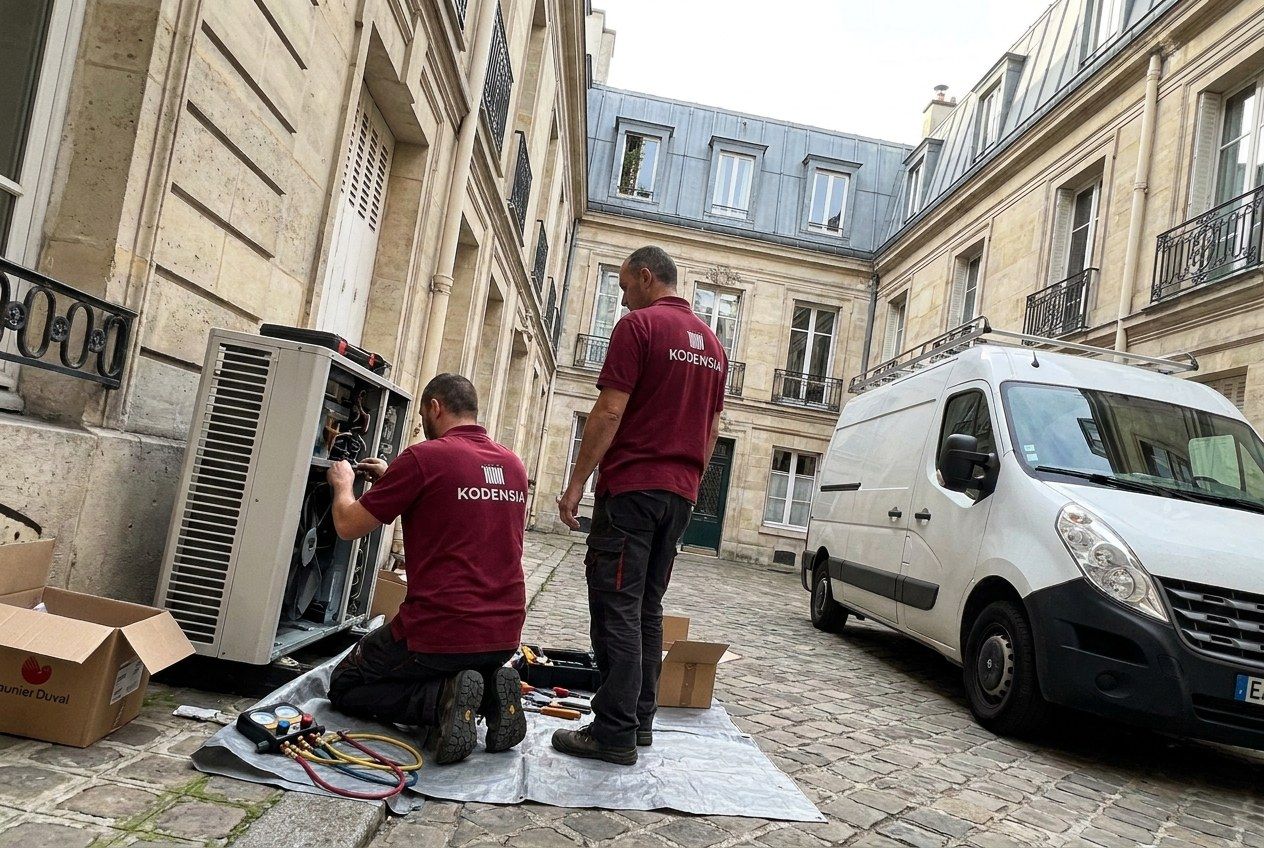 Deux techniciens Kodensia en polo bordeaux travaillant dans une cour d'immeuble