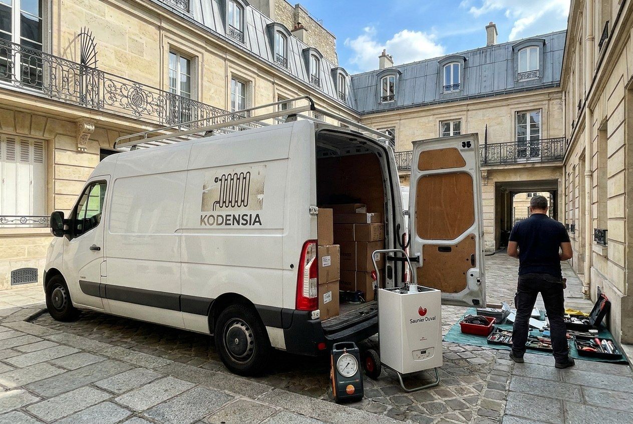 Utilitaire blanc Kodensia portes ouvertes dans une cour pavée d'immeuble haussmannien