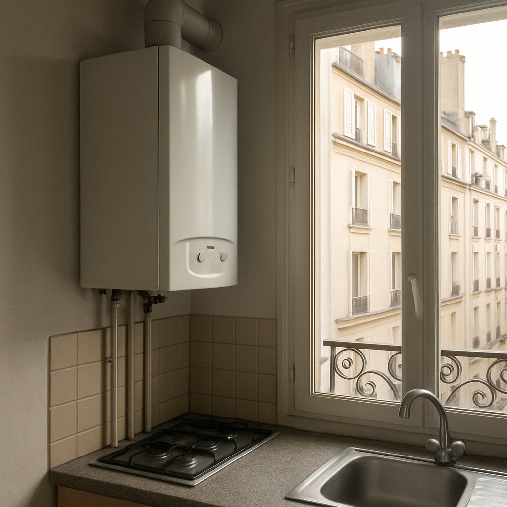 Chaudière murale blanche dans une cuisine d'appartement parisien à côté de la fenêtre