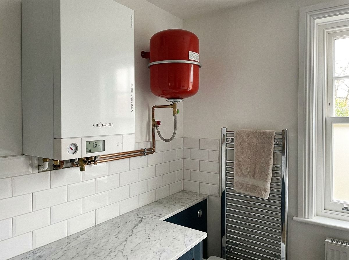 Après : chaudière Viessmann Vitodens avec vase d'expansion rouge regonflé dans une salle de bains carrelée