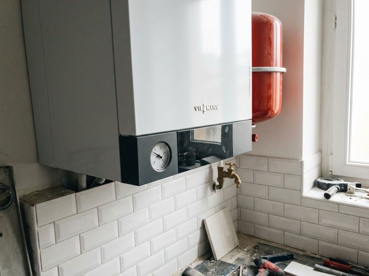Avant : chaudière Viessmann, manomètre presque à zéro, outils au sol