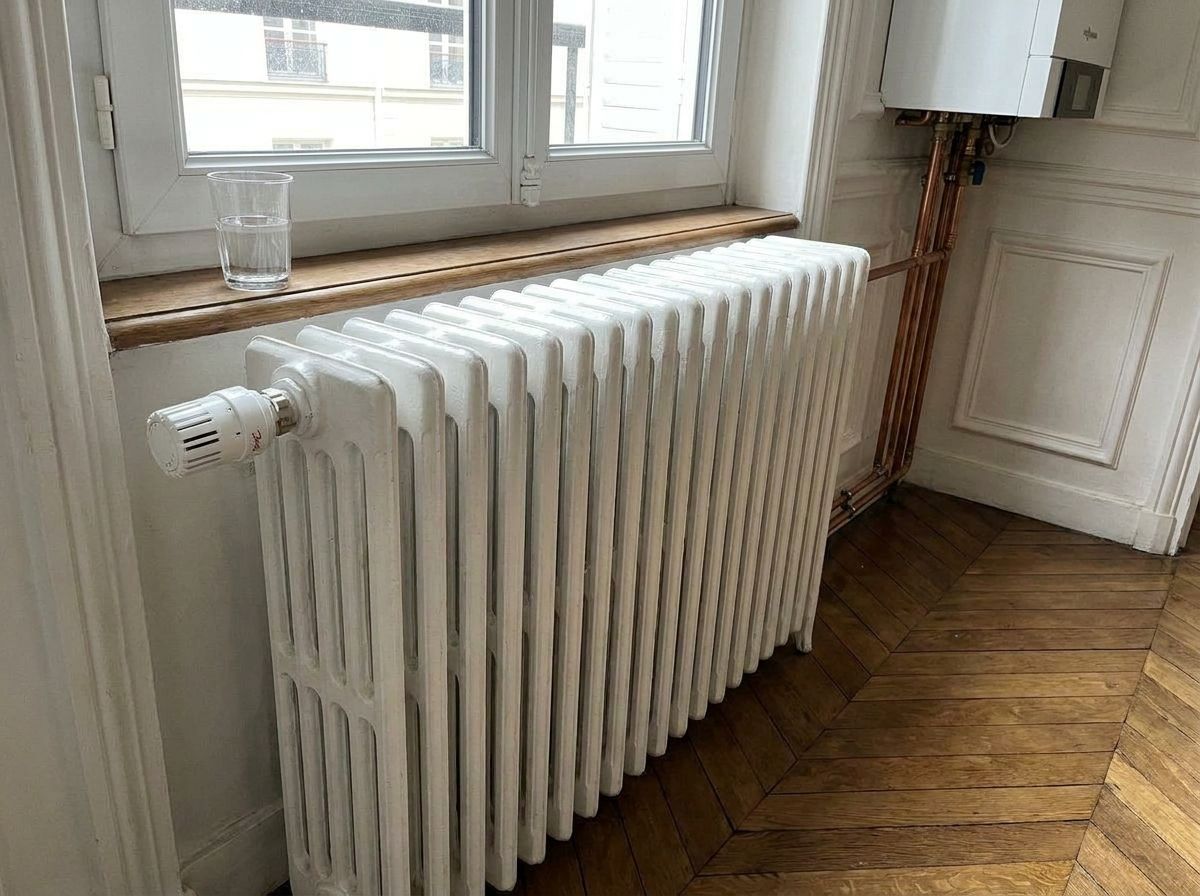 Après : radiateur en fonte propre avec robinet thermostatique neuf dans un séjour haussmannien