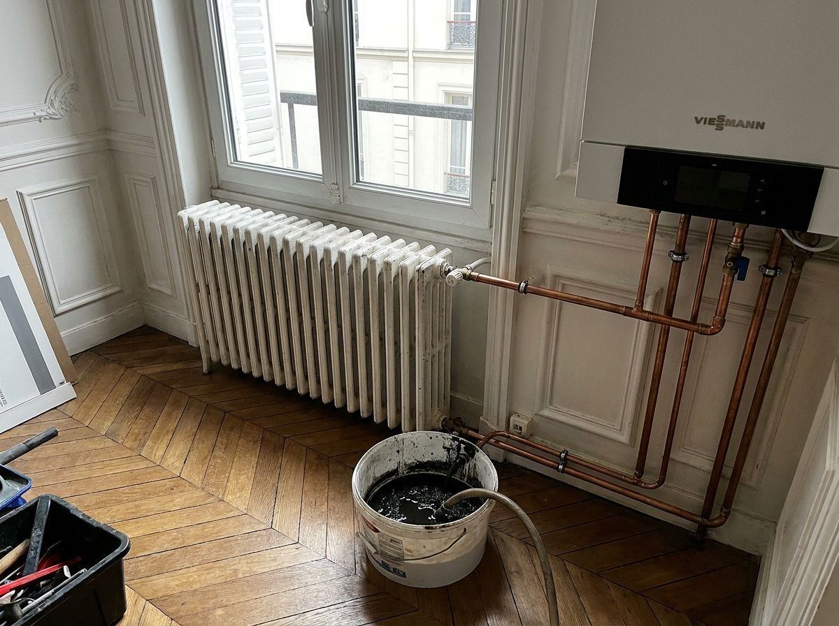 Avant : radiateur en fonte et seau d'eau noire sortie du circuit